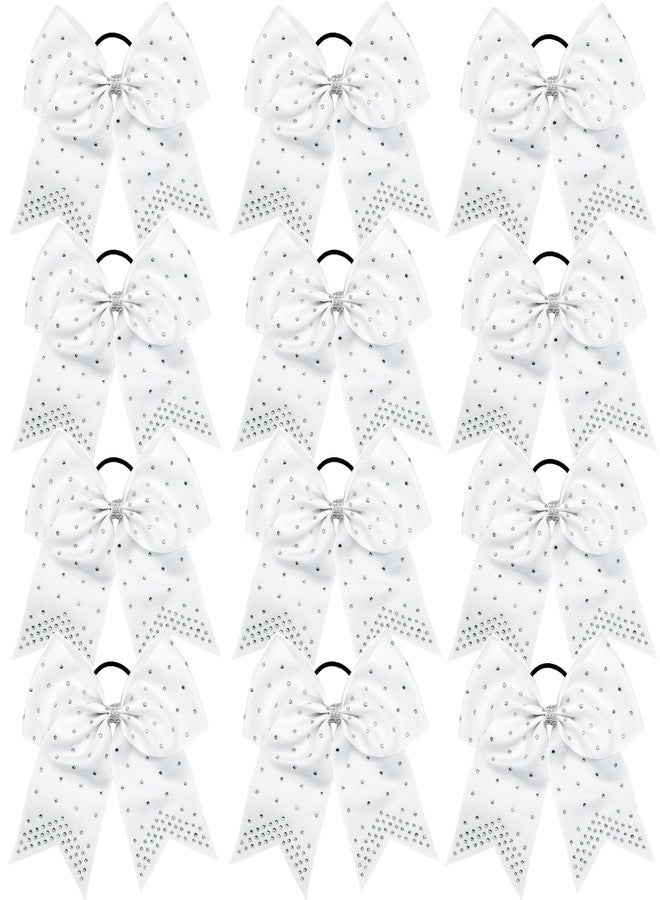 Hipcheer 12PCS 8" Rhinestones Large Cheer Hair Bows for Girls, Hand-made Grosgrain Ribbon Hair Accessories for Teen Girls Softball Cheerleader Sport (White) - Image 1